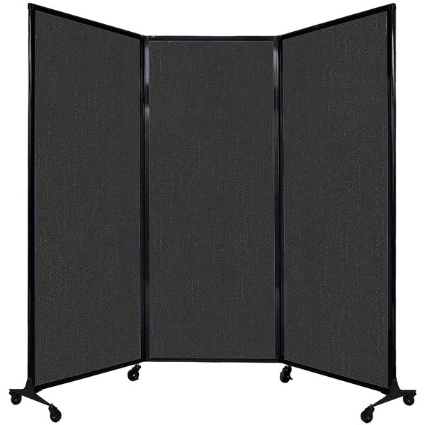 A Versare black portable room divider on wheels.