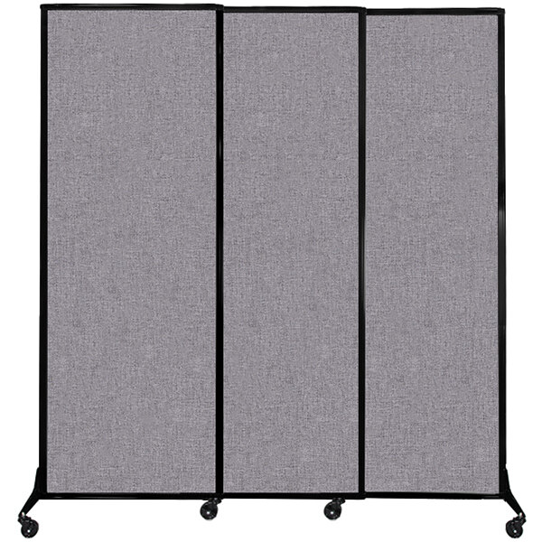 A Versare Cloud Gray Quick-Wall sliding room divider with three panels on wheels.