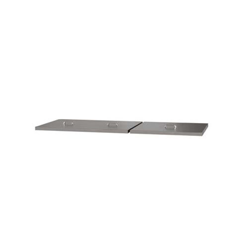 A grey rectangular stainless steel cover with two holes in it.