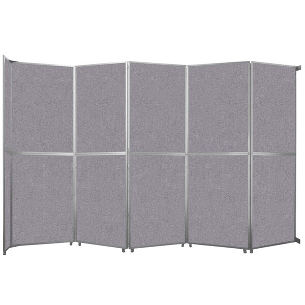 A Versare room divider with cloud gray fabric panels.