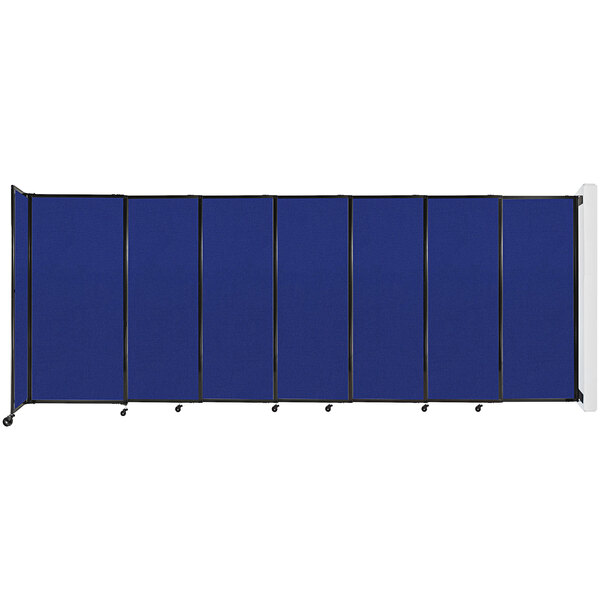 A blue wall-mounted Versare StraightWall room divider with black trim.