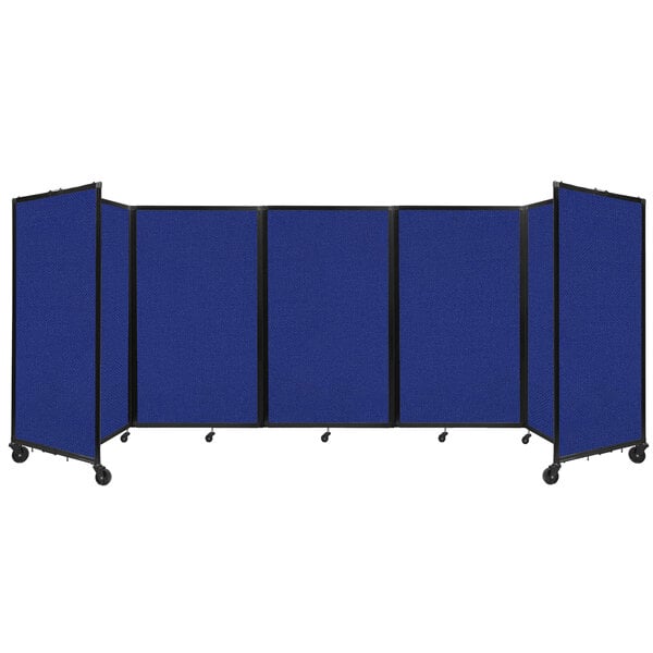 A blue Versare room divider with black trim on wheels.
