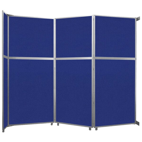 A blue rectangular room divider with silver trim.