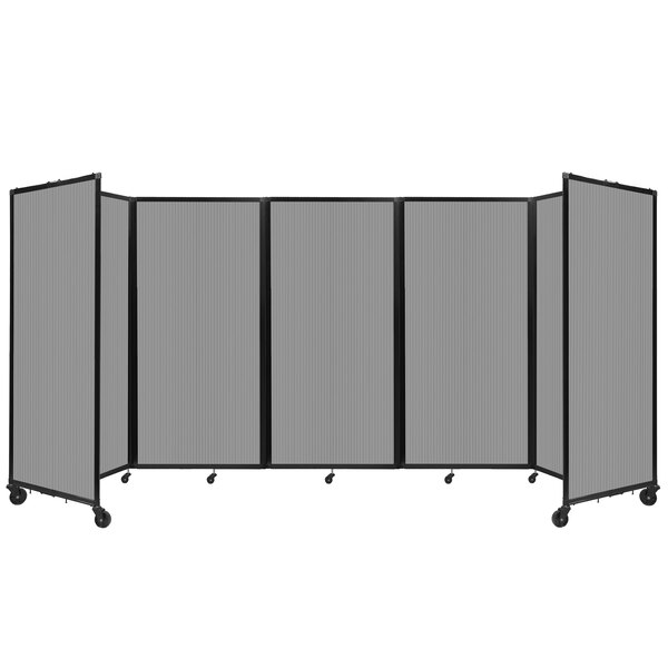 A Versare light gray polycarbonate room divider with wheels.