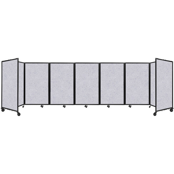 A white rectangular Versare SoundSorb room divider with black wheels.