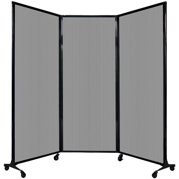 A light gray Versare Quick-Wall room divider on wheels.