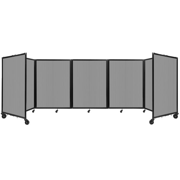 A Versare light gray polycarbonate room divider with a black frame and wheels.