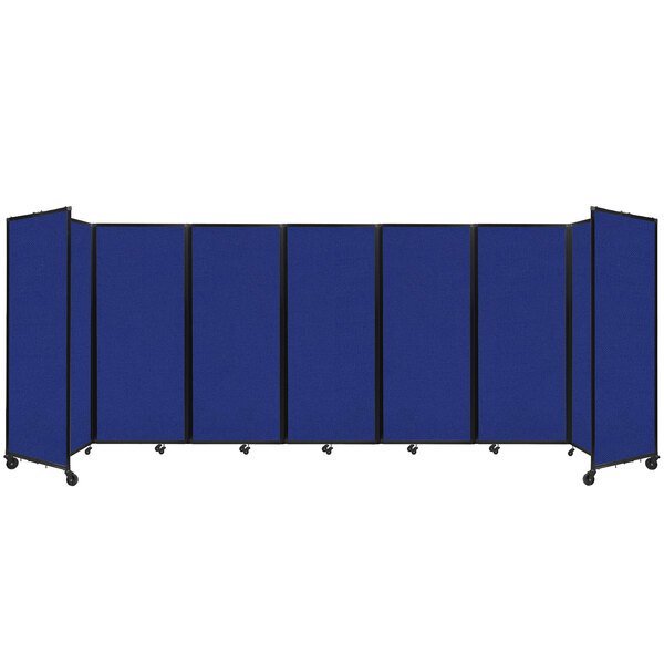 A blue rectangular room divider with a black border and wheels.