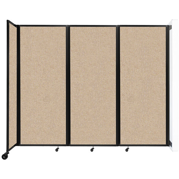 A Versare beige wall-mounted room divider with tan fabric panels.