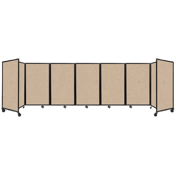 A tan Versare 3-panel room divider with black frame.