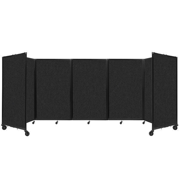 A black rectangular Versare SoundSorb folding room divider on wheels.