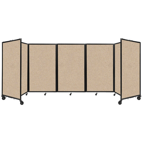 A Versare beige foldable room divider on wheels with a black frame.