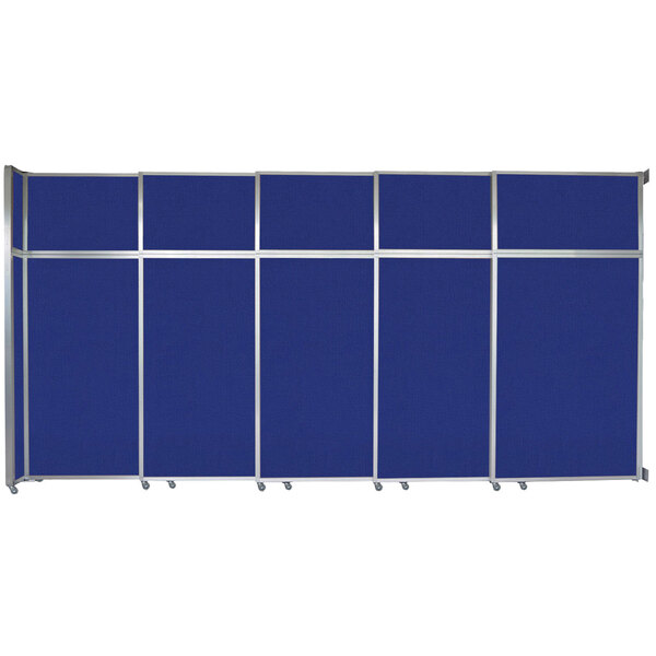 A blue rectangular Versare room divider with silver trim.