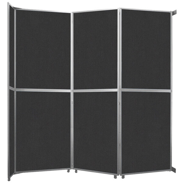 A black room divider with silver trim.