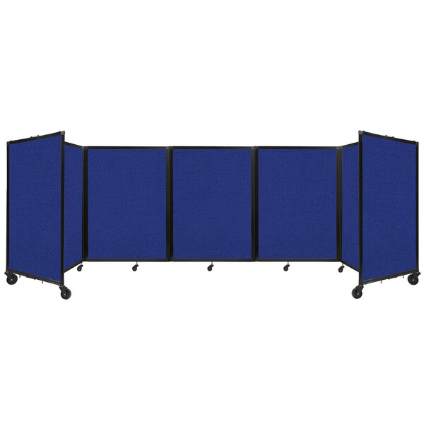 A Versare Royal Blue Foldable Room Divider with four blue panels and black trim.