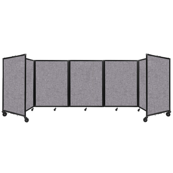 A Versare foldable room divider with four grey panels.