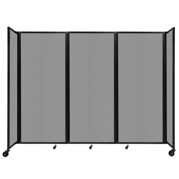 A light grey rectangular Versare room divider with black frame on wheels.