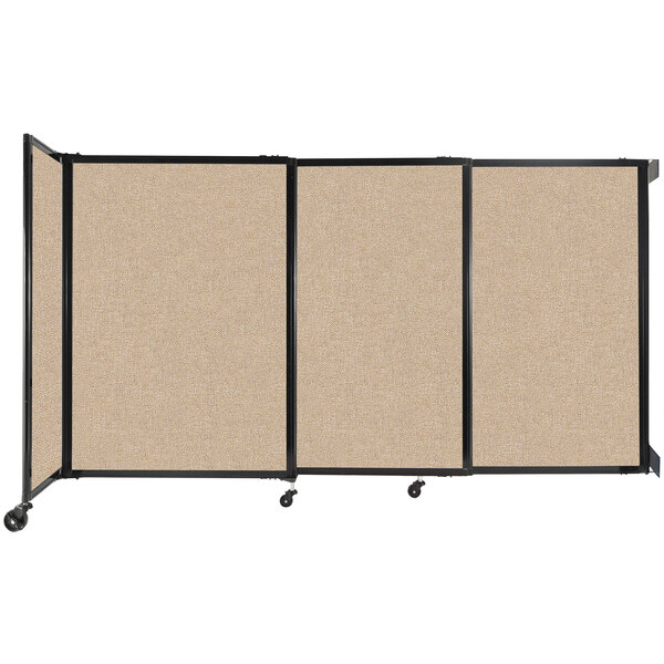 A Versare beige wall-mounted sliding room divider with tan fabric panels.