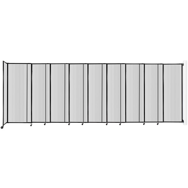 A clear Versare StraightWall wall-mounted room divider with black metal rods.