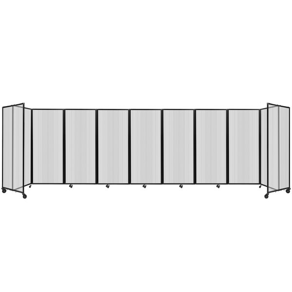 A Versare clear polycarbonate room divider with white panels and black metal frame.