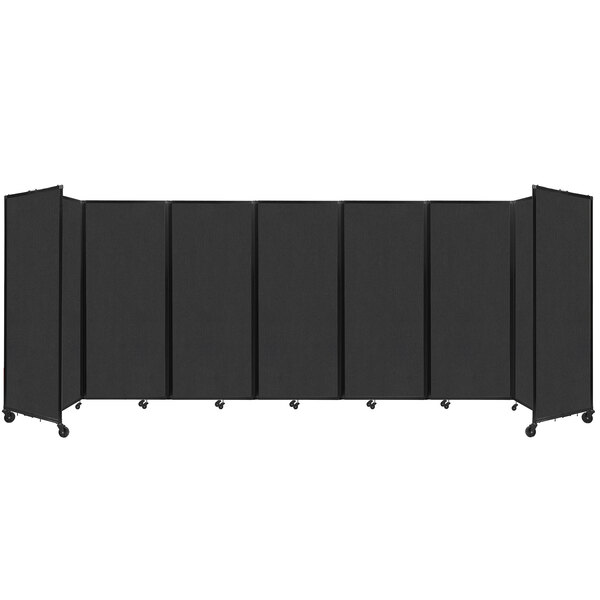 A black rectangular Versare room divider with wheels.