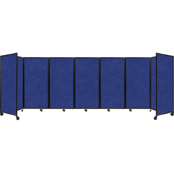 A group of blue Versare SoundSorb room dividers with black trim on wheels.