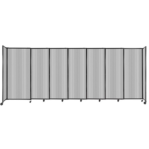 A clear poly StraightWall sliding room divider with black frame.