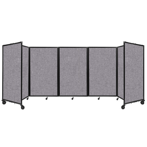 A Versare Cloud Gray foldable room divider with four panels and a black frame.