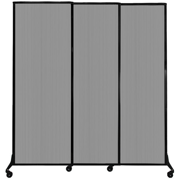 A Versare light gray Poly Quick-Wall sliding room divider with wheels.