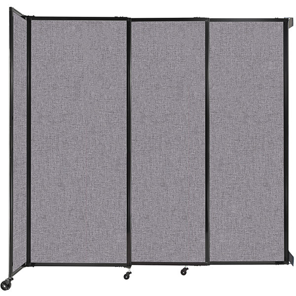 A Versare Cloud Gray wall-mounted sliding room divider with a black frame.
