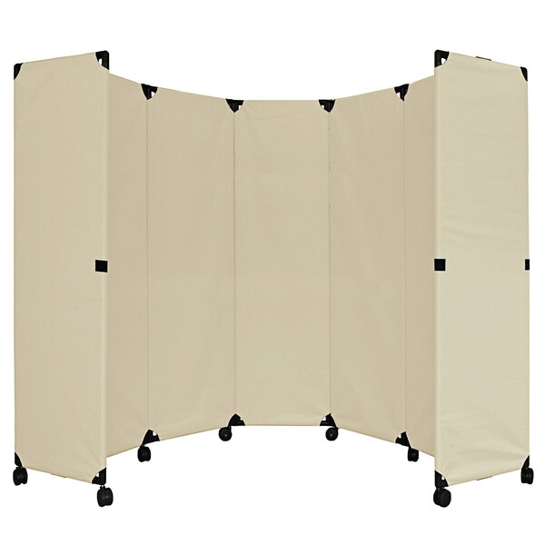 A beige Versare room divider with black wheels.