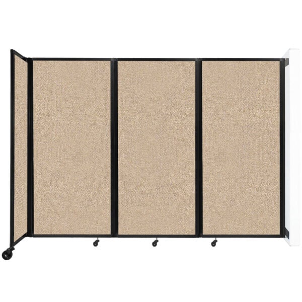 A Versare wall-mounted room divider with tan fabric panels.