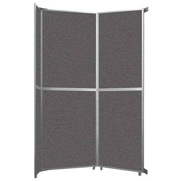 A Versare charcoal gray fabric room divider with silver trim.