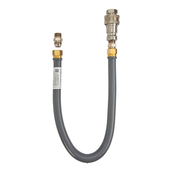 A flexible, gray-coated hose with brass and metal fittings on both ends, including a quick disconnect mechanism.