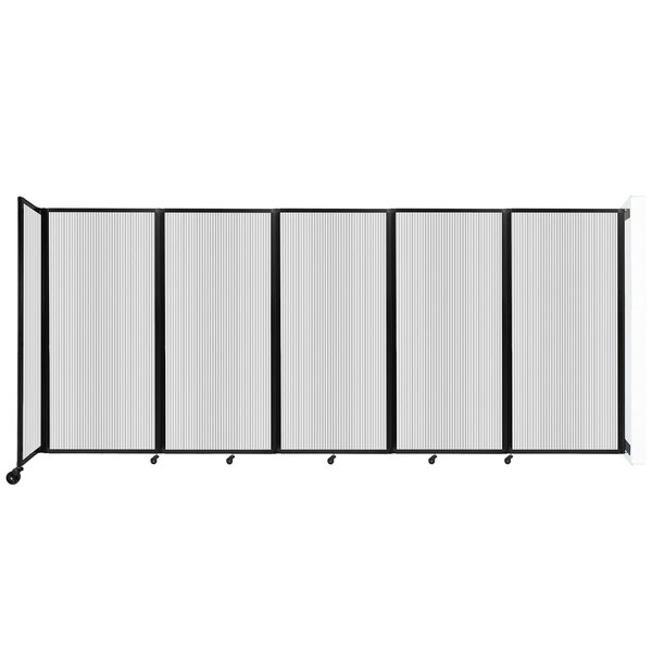 A clear poly room divider with a black metal frame.