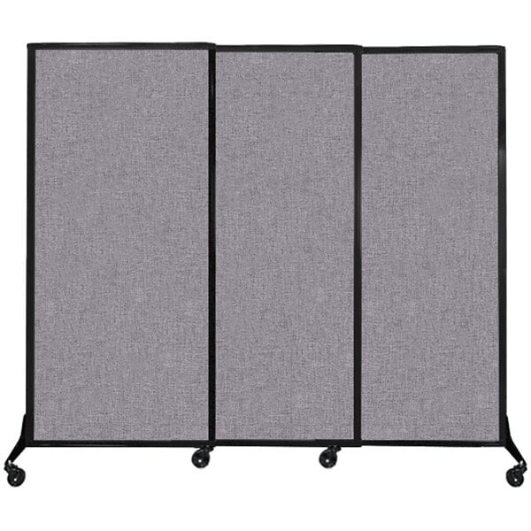 A three panel grey Versare Quick-Wall sliding room divider on wheels.