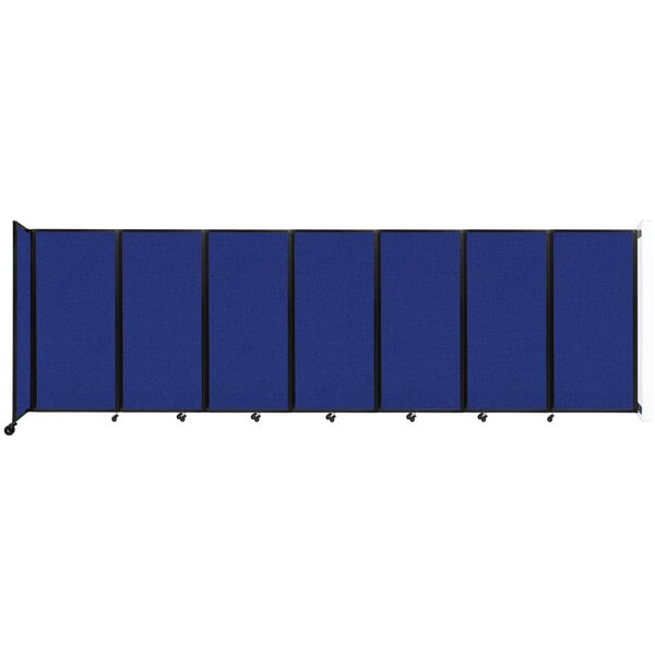 A blue Versare wall-mounted room divider with black trim on four panels.