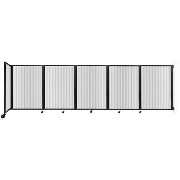 A clear poly Versare wall-mounted room divider with four panels.