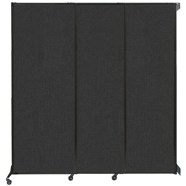 A black wall-mounted Versare Quick-Wall sliding room divider with wheels.