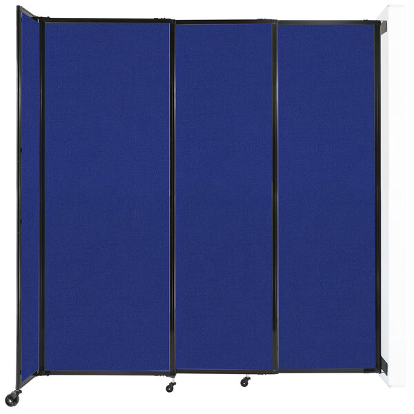 A Versare Royal Blue StraightWall wall-mounted room divider with blue fabric.