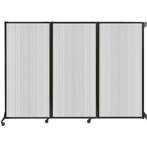 A white room divider with a black frame.