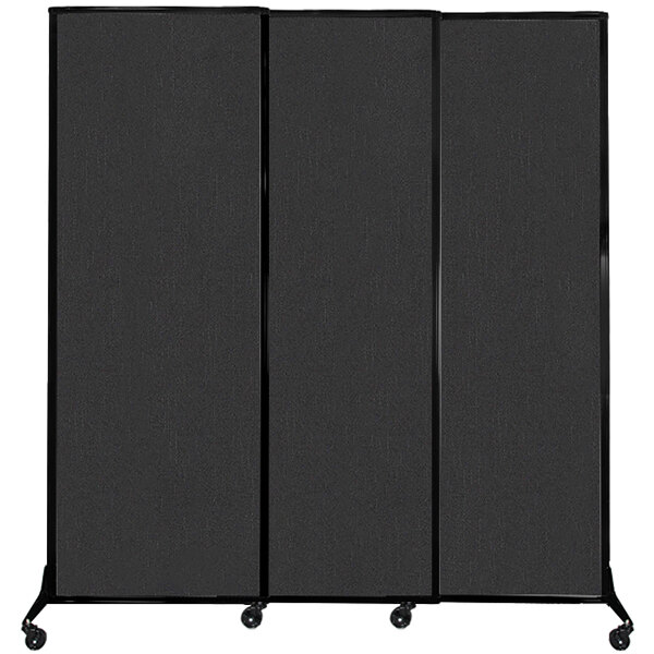 A black Versare Quick-Wall sliding partition screen on wheels.