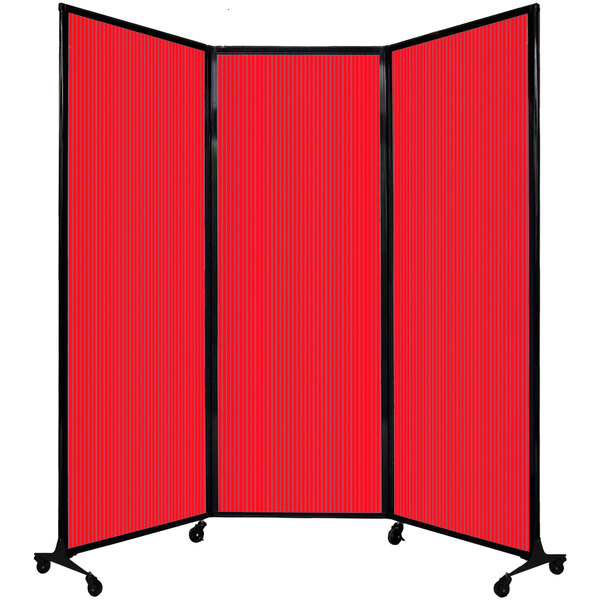 A red Versare Quick-Wall folding room divider with black trim.