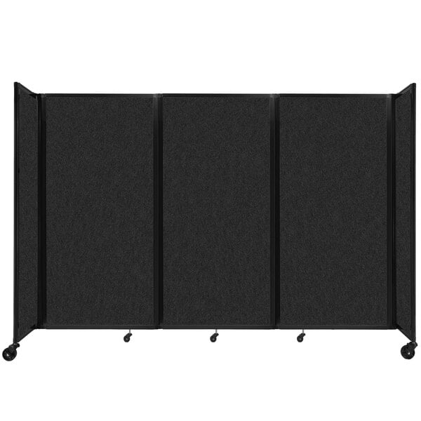 A black Versare SoundSorb folding room divider on wheels.