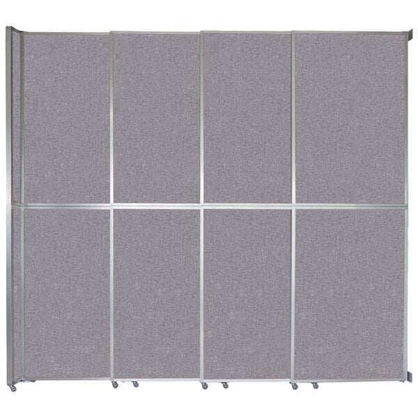 A Versare Cloud Gray room divider panel with silver metal trim.