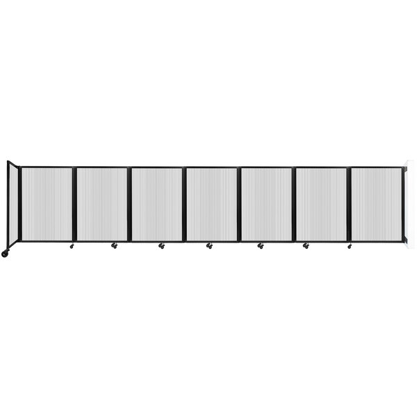 A clear poly wall-mounted room divider with black and white stripes.