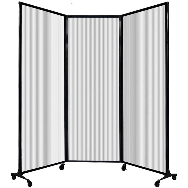 A clear poly room divider on wheels.