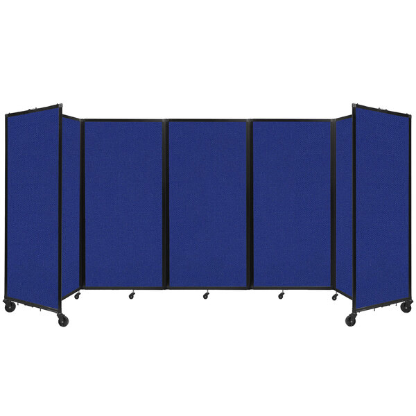 A group of Versare royal blue room dividers with black trim on wheels.