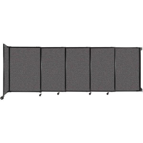 A Versare charcoal gray wall-mounted sliding room divider.