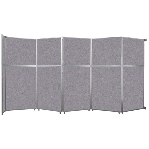 A grey Versare room divider with rectangular panels and silver trim.